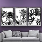 Tropikal Yapraklar-5 Temalı Aynalı Çerçeveli 3 lü Kanvas Tablo Seti 150x70 cm SETS0237
