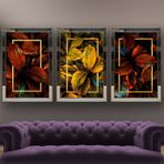 Tropikal Yapraklar Temalı Aynalı Çerçeveli 3 lü Kanvas Tablo Seti 150x70 cm SETS0046