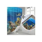 Tropikhome Akvaryum Desen Banyo Paspası Takımı, Mavi Banyo Perdesi, Mavi Paspas, 50x80 cm Paspas Seti