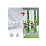 Tropikhome Bamboo Desen Banyo Perdesi Askı Hediyeli 180x200cm Tek Kanat Yeşil Duş Perdesi, L Boru Hediyeli