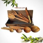Troyan 1868 El Yapımı 8 Parça Hakiki Zeytin Ağacı Tahta Kaşık Çatal Spatula Seti, Ahşap Kutuda