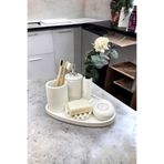 Trust Stone 6'lı Kırık Beyaz Beton Banyo Seti Sıvı Sabunluk Diş Fırçalığı ,Tepsili,Mumluklu Aksesuar Takımı