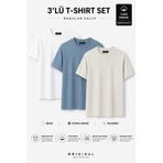 TRYK T-SHİRT BASİC 3'LÜ SET TAŞ RENGİ BEYAZ PETROL MAVİ REGULAR KALIP PAMUK KUMAŞ ERKEK/UNİSEX