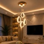 TT801-3+1-SR Tt Aydınlatma Akrilik Damla 4 Lü Ledli Sarı Kaplama 3 Renk Modüllü Ledli Avize - Gold
