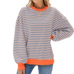 TUANMOZI Kadın sweatshirt, çizgili kazak, büyük beden, uzun kollu tişört, yuvarlak yaka, Y2K tişört, gündelik, genç kız tişörtleri, Pembe ve Gri, L