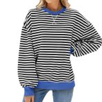 TUANMOZI Kadın sweatshirt, çizgili kazak, büyük beden, uzun kollu tişört, yuvarlak yaka, Y2K tişört, gündelik, genç kız tişörtleri, siyah & beyaz, M