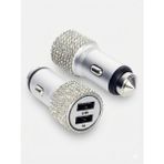 Tuba Toptaş Kristal Taşlı Metal Araç Çakmaklık Şarj Aleti Çift Usb-A Girişli Hızlı Şarj 2.4A 12-24V Gümüş