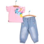 tuc Kız Bebek Tişört-Pantolon 2li Takım Denim Bisiklet Yaka Ribanalı Paça Kısa Kol Pembe -