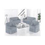 Tuchmall Bürümcük Pamuklu Koltuk Kanepe Örtüsü Takımı Streç Lastikli Etekli Koltuk Kanepe Kılıfı (3+3+1+1) Set - 180 x 230 cm - Açık Gri