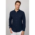 Tudors 29634 Slim Fit Uzun Kol Çift Cep Pamuk Keten Spor Yaka Lacivert Erkek Gömlek