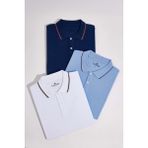 Tudors Erkek 3'lü Paket Beyaz-Mavi-Lacivert Slim Fit Pamuklu Düz Pike Polo Yaka Tişört