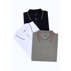 Tudors Erkek 3'lü Paket Lacivert-Gri-Beyaz Slim Fit Dar Kesim Pamuklu Düz Fermuarlı Pike Polo Yaka Tişört