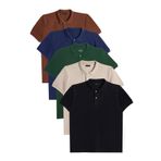 Tudors Erkek 5'li Paket Kahverengi-Lacivert-Koyu Yeşil-Taş-Siyah Slim Fit Pamuklu Düz Pike Polo Yaka Tişört