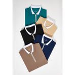 Tudors Erkek 5'li Paket Lacivert-Siyah-Vizon-Yeşil-Kum Slim Fit Pamuklu Düz Fermuarlı Pike Polo Yaka Tişört