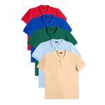 Tudors Erkek 5'li Pkt Kırmızı-Saks Mavi-Zümrüt Yeşili-Mavi-Bej Slim Fit Pamuklu Düz Pike Polo Yaka Tişört