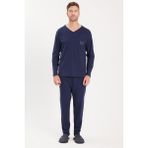 Tudors Erkek Lacivert V Yaka %100 Pamuk Standart Fit Beli Lastikli Pijama Takımı Uzun Kol
