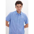 Tudors Erkek Regular Fit Klasik Kesim Oversize %100 Pamuk Keten Doku Cepli Çizgili Kısa Kol Saks Mavi Gömlek