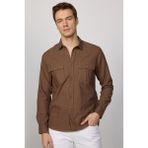 Tudors Erkek Regular Fit Klasik Kesim Oversize %100 Pamuk Keten Doku Çift Cep Kahverengi Gömlek