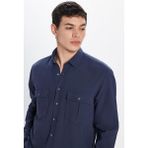 Tudors Erkek Regular Fit Klasik Kesim Oversize %100 Pamuk Keten Doku Çift Cep Lacivert Gömlek