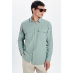 Tudors Erkek Regular Fit Klasik Kesim Oversize %100 Pamuk Keten Doku Çift Cep Yeşil Gömlek - XL