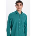 Tudors Erkek Regular Fit Klasik Kesim Oversize %100 Pamuk Keten Doku Tek Cep Petrol Gömlek