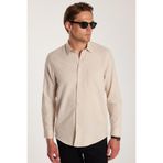 Tudors Erkek Regular Fit Klasik Kesim Oversize %100 Pamuk Keten Doku Tek Cepli Bej Gömlek