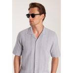 Tudors Erkek Regular Fit Klasik Kesim Oversize %100 Pamuk Keten Efekt Kısa Kollu Spor Apaş Yaka Gri Gömlek - 2XL