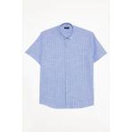 Tudors Erkek Regular Fit Klasik Kesim Oversize %100 Pamuk Kısa Kollu Keten Doku Tek Cepli Çizgili Mavi Gömlek - Mavi1 - 2XL
