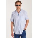 Tudors Erkek Regular Fit Klasik Kesim Oversize %100 Pamuk Kısa Kollu Keten Doku Tek Cepli Çizgili Mavi Gömlek - Mavi1