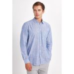Tudors Erkek Regular Fit Klasik Kesim Oversize Uzun Kollu %100 Pamuk Keten Doku Tek Cepli Çizgili Mavi Gömlek - Mavi1 - XL