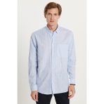 Tudors Erkek Regular Fit Klasik Kesim Oversize Uzun Kollu %100 Pamuk Keten Doku Tek Cepli Çizgili Mavi Gömlek - XL