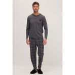 Tudors Erkek Regular Fit Pamuklu Düğmeli Yaka Beli Lastikli Desenli Gri Pijama Takımı