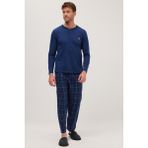 Tudors Erkek Regular Fit Pamuklu Düğmeli Yaka Beli Lastikli Desenli Indigo Pijama Takımı - 2XL
