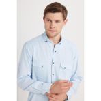 Tudors Erkek Regular Fit Rahat Kesim Çift Cepli Spor Yaka Denim Mavi Gömlek