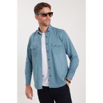 Tudors Erkek Regular Fit Rahat Kesim Çift Cepli Spor Yaka Denim Petrol Gömlek