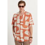 Tudors Erkek Relax Fit Rahat Kesim Kısa Kollu Apaş Yaka Viskon Baskılı Gömlek, Turuncu - Beyaz, S