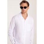 Tudors Erkek Relax Fit Rahat Kesim Oversize %100 Pamuk Keten Doku Apaş Yaka Beyaz Gömlek
