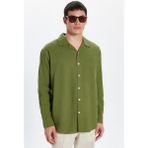 Tudors Erkek Relax Fit Rahat Kesim Oversize %100 Pamuk Keten Doku Apaş Yaka Haki Gömlek