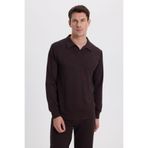 Tudors Erkek Relax Fit Rahat Kesim Polo V Yaka Kahverengi Sweatshirt