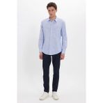 Tudors Erkek Slim Fit Dar Kesim %100 Pamuk Çizgili Uzun Kollu Keten Efektli Mavi Gömlek - XL
