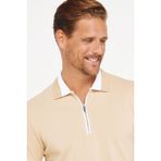 Tudors Erkek Slim Fit Dar Kesim %100 Pamuk Düz Pike Fermuarlı Kum Rengi Polo Yaka T-Shirt
