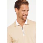 Tudors Erkek Slim Fit Dar Kesim %100 Pamuk Düz Pike Fermuarlı Kum Rengi Polo Yaka Tişört