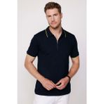 Tudors Erkek Slim Fit Dar Kesim %100 Pamuk Düz Pike Fermuarlı Lacivert Polo Yaka Tişört - XL