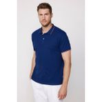 Tudors Erkek Slim Fit Dar Kesim %100 Pamuk Düz Pike Kol Şeritli Lacivert Polo Yaka Tişört - XL