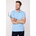 Tudors Erkek Slim Fit Dar Kesim %100 Pamuk Düz Pike Kol Şeritli Mavi Polo Yaka Tişört - 2XL