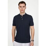 Tudors Erkek Slim Fit Dar Kesim %100 Pamuk Düz Pike Lacivert Hakim Yaka Tişört