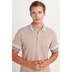 Tudors Erkek Slim Fit Dar Kesim %100 Pamuk Düz Pike Yaka ve Kol Detaylı Bej Polo Yaka Tişört