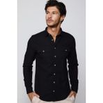 Tudors Erkek Slim Fit Dar Kesim %100 Pamuk Keten Doku Çift Cep Spor Yaka Siyah Gömlek