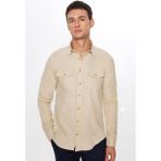 Tudors Erkek Slim Fit Dar Kesim %100 Pamuk Keten Doku Çift Cep Spor Yaka Taş Rengi Gömlek - XL
