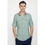 Tudors Erkek Slim Fit Dar Kesim %100 Pamuk Keten Doku Çift Cep Spor Yaka Yeşil Gömlek - 2XL